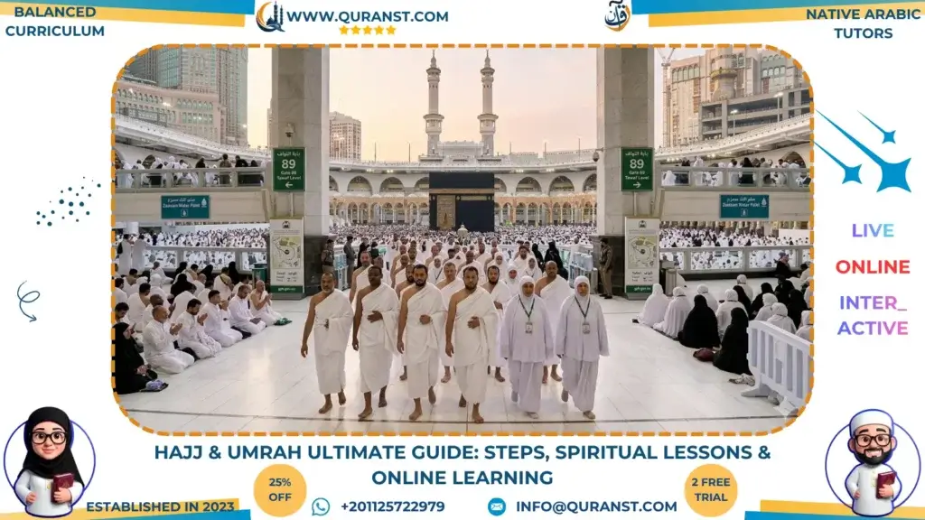 Muslim pilgrims in white Ihram walking in Masjid al-Haram with the Holy Kaaba and minarets in the background, representing the spiritual journey of Hajj and Umrah.