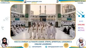 Muslim pilgrims in white Ihram walking in Masjid al-Haram with the Holy Kaaba and minarets in the background, representing the spiritual journey of Hajj and Umrah.